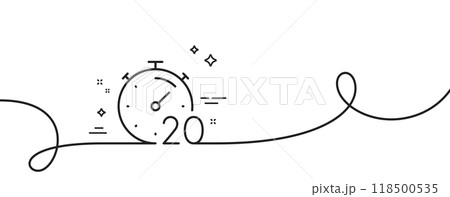 Timer 20 minutes line icon. Continuous one line with curl. Stopwatch time sign. Countdown clock symbol. Timer single outline ribbon. Loop curve pattern. Vector Timer 20 minutes line icon. Continuous one line with curl. Stopwatch time sign. Countdown clock symbol. Timer single outline ribbon. Loop curve pattern. Vector 118500535