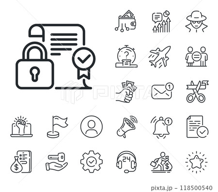 Cyber defence lock sign. Salaryman, gender equality and alert bell outline icons. Security contract line icon. Private protection symbol. Security contract line sign. Vector 118500540