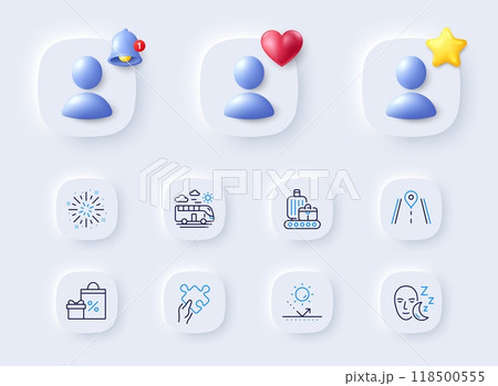 Sleep, Puzzle and Road line icons. Placeholder with 3d bell, star, heart. Pack of Fireworks explosion, Bus travel, Sun protection icon. Baggage belt, Shopping pictogram. For web app, printing. Vector 118500555