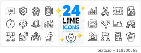 Icons set of Teamwork chart, Cut and Business report line icons pack for app with Bitcoin graph, Project deadline, Timer thin outline icon. Accounting checklist, Business way. Vector Icons set of Teamwork chart, Cut and Business report line icons pack for app with Bitcoin graph, Project deadline, Timer thin outline icon. Accounting checklist, Business way. Vector 118500568