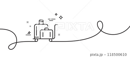 Luggage trolley line icon. Continuous one line with curl. Suitcase bag sign. Baggage claim symbol. Luggage trolley single outline ribbon. Loop curve pattern. Vector 118500610
