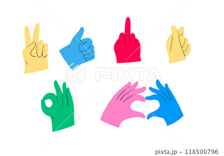 Colorful Hand Gestures Icons Set, Peace, Thumbs Up, and Okay 118500796