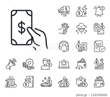 Banking currency sign. Cash money, loan and mortgage outline icons. Hold Cash money line icon. Dollar or USD symbol. Receive money line sign. Credit card, crypto wallet icon. Vector Banking currency sign. Cash money, loan and mortgage outline icons. Hold Cash money line icon. Dollar or USD symbol. Receive money line sign. Credit card, crypto wallet icon. Vector 118500808