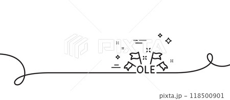 Ole chant line icon. Continuous one line with curl. Championship with flags sign. Sports event symbol. Ole chant single outline ribbon. Loop curve pattern. Vector Ole chant line icon. Continuous one line with curl. Championship with flags sign. Sports event symbol. Ole chant single outline ribbon. Loop curve pattern. Vector 118500901