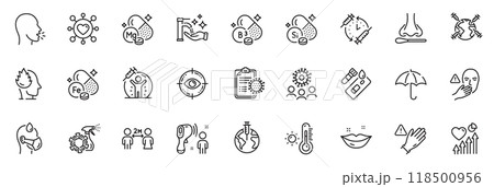 Icons pack as Coronavirus, Sick man and Dont touch line icons for app include Use gloves, Iron, Washing hands outline thin icon web set. Magnesium mineral, Electronic thermometer. Vector 118500956