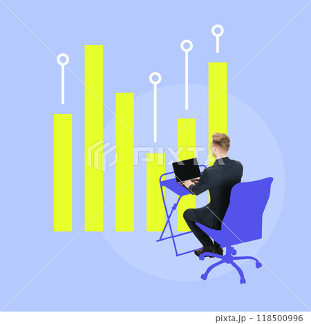 Contemporary art collage. Professional at his desk, surrounded by growing data, illustrates rising influence of digital information in industry. Contemporary art collage. Professional at his desk, surrounded by growing data, illustrates rising influence of digital information in industry. 118500996