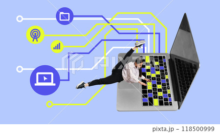 Contemporary art collage. Woman stretches over laptop, blending movement and data, symbolizing fluid connection between human performance and devices Contemporary art collage. Woman stretches over laptop, blending movement and data, symbolizing fluid connection between human performance and devices 118500999