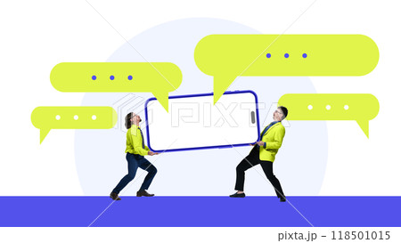 Contemporary art collage. Colleagues hold large smartphone, representing heavy reliance on communication tools in today's device-driven industries. 118501015