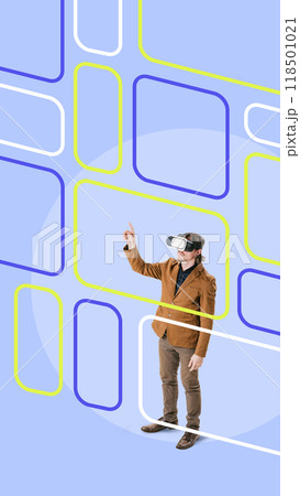 Contemporary art collage. Exploring virtual world through headset, image highlights immersion of industry professionals into cutting-edge technology. 118501021