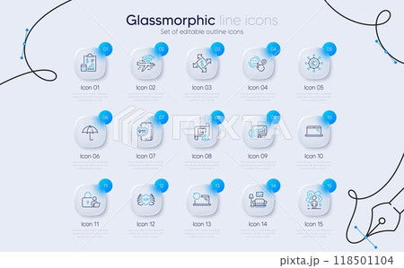 Set of Emergency call, Laptop and Waterproof umbrella line icons for web app. Lock, Customer satisfaction, Bitcoin chart icons. Vip security, Furniture, Report signs. Recovery laptop. Vector 118501104