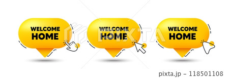 Welcome home tag. Click here buttons. Home invitation offer. Hello guests message. Welcome home speech bubble chat message. Talk box infographics. Vector Welcome home tag. Click here buttons. Home invitation offer. Hello guests message. Welcome home speech bubble chat message. Talk box infographics. Vector 118501108