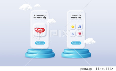 New update banner. Phone mockup on podium. Product offer 3d pedestal. Red speech bubble with bell. Woman silhouette with megaphone icon. Background with 3d clouds. New update promotion message. Vector 118501112