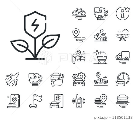 Electric energy sign. Plane, supply chain and place location outline icons. Eco power line icon. Charging shield symbol. Eco power line sign. Taxi transport, rent a bike icon. Travel map. Vector 118501138