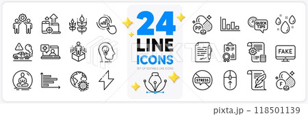Icons set of Fluorine mineral, Histogram and Exhaust line icons pack for app with Rainy weather, Inspect, Agreement document thin outline icon. Medical help, Coronavirus pandemic. Vector 118501139