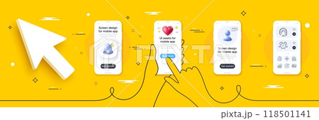 Best friend, Inspect and Consulting line icons pack. Phone screen mockup with 3d alert bell, health and headshot. Inclusion, Time management, Electricity factory web icon. Vector 118501141