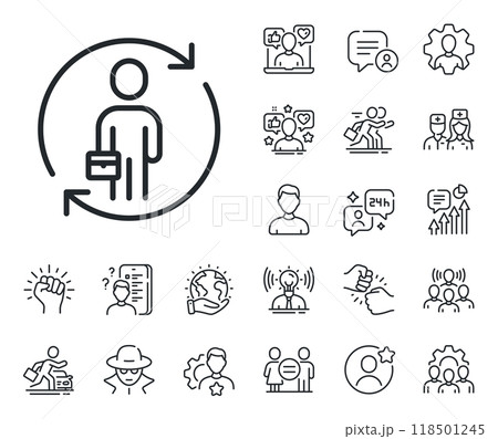 Staff renewal sign. Specialist, doctor and job competition outline icons. Replacement line icon. Businessman change symbol. Replacement line sign. Avatar placeholder, spy headshot icon. Vector Staff renewal sign. Specialist, doctor and job competition outline icons. Replacement line icon. Businessman change symbol. Replacement line sign. Avatar placeholder, spy headshot icon. Vector 118501245