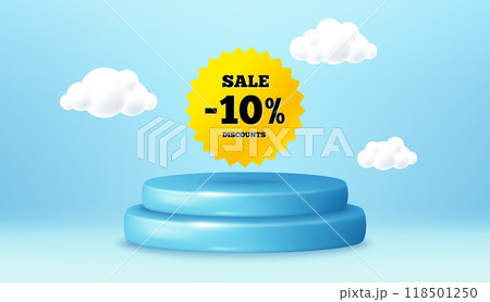 Sale 10 percent off banner. Winner podium 3d base. Product offer pedestal. Discount sticker shape. Coupon star icon. Sale 10 percent promotion message. Background with 3d clouds. Vector 118501250