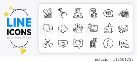 Computer mouse, Card and Yummy smile line icons set for app include Heart, Growth chart, Calculator outline thin icon. Heart beat, Translation service, Quickstart guide pictogram icon. Vector Computer mouse, Card and Yummy smile line icons set for app include Heart, Growth chart, Calculator outline thin icon. Heart beat, Translation service, Quickstart guide pictogram icon. Vector 118501253