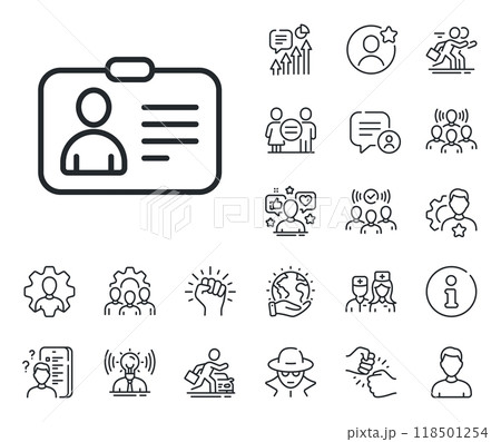 User Profile sign. Specialist, doctor and job competition outline icons. ID card line icon. Person silhouette symbol. Identification plastic card. ID card line sign. Vector User Profile sign. Specialist, doctor and job competition outline icons. ID card line icon. Person silhouette symbol. Identification plastic card. ID card line sign. Vector 118501254