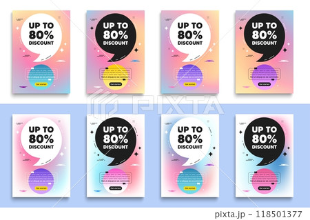 Up to 80 percent discount. Poster frame with quote. Sale offer price sign. Special offer symbol. Save 80 percentages. Discount tag flyer message with comma. Gradient blur background posters. Vector 118501377