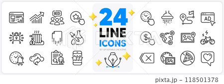 Icons set of Loyalty star, Buy currency and Journey line icons pack for app with Cloud share, Radiator, Chemistry experiment thin outline icon. Security lock, Web report, Auction pictogram. Vector Icons set of Loyalty star, Buy currency and Journey line icons pack for app with Cloud share, Radiator, Chemistry experiment thin outline icon. Security lock, Web report, Auction pictogram. Vector 118501378