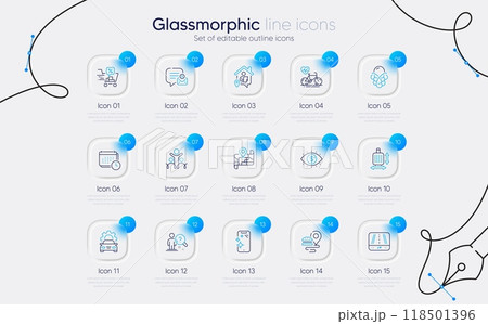 Set of Food delivery, Inclusion and Smartphone clean line icons for web app. Business vision, Ice cream, New message icons. Search employee, Cardio bike, Discounts cart signs. Calendar. Vector 118501396