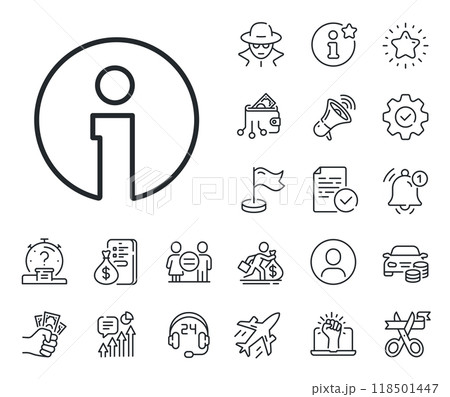 Information center sign. Salaryman, gender equality and alert bell outline icons. Info line icon. Support speech bubble symbol. Info line sign. Spy or profile placeholder icon. Vector 118501447