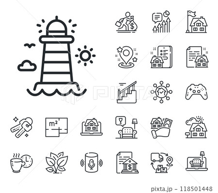 Beacon tower sign. Floor plan, stairs and lounge room outline icons. Lighthouse line icon. Searchlight building symbol. Lighthouse line sign. House mortgage, sell building icon. Real estate. Vector 118501448
