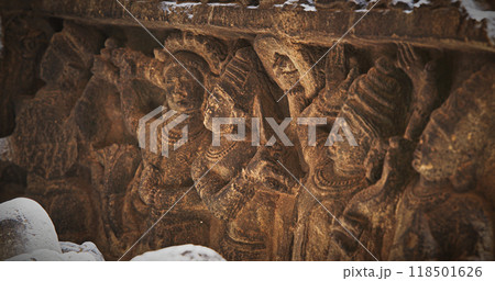 Close-up Details Of Ancient Statue Sheshashayi Or Shesha Also Known Like Sheshanaga Is Serpentine Demigod -naga- And King Of Serpents -nagaraja-. Guiarat, 11th Century Ce 118501626