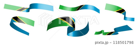 Set of holiday ribbons. Tanzania flag waving in wind. Separation into lower and upper layers. Design element. Vector on white background Set of holiday ribbons. Tanzania flag waving in wind. Separation into lower and upper layers. Design element. Vector on white background 118501798
