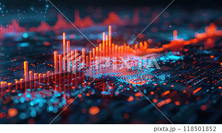 A digital infographic with a globe, graphs, and statistical data representing global financial trends. High quality illustration 118501852