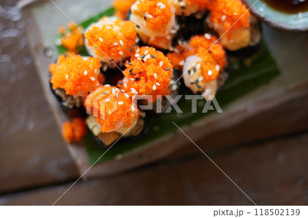 Close up Sushi rolls with Ebiko Close up Sushi rolls with Ebiko 118502139