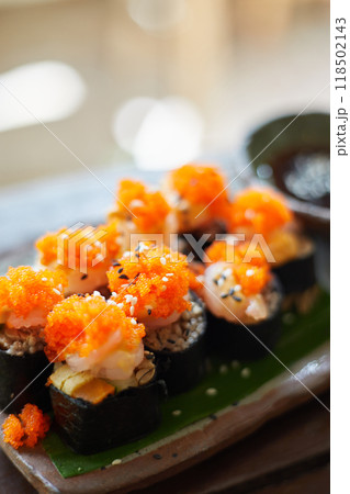Close up Sushi rolls with Ebiko 118502143