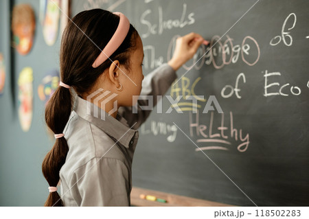 Side view of young Asian girl with hair gathered at back and styled with white hair ties writing on blackboard during lesson at primary school, copy space 118502283