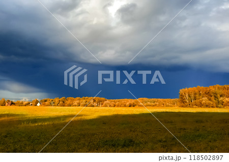 Stormy sky over field in fall. Blurry windy landscape Stormy sky over field in fall. Blurry windy landscape 118502897