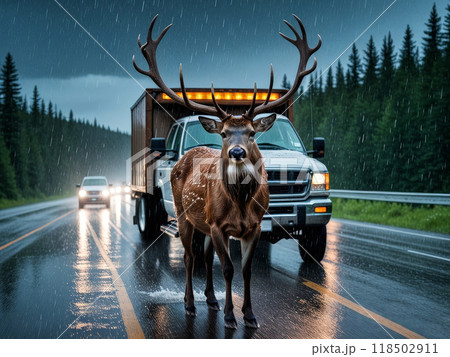 Deer buck entered road right in front of car during the rut in autumn. 118502911