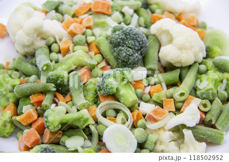 Frozen vegetables: cauliflower, green peas, leeks, broccoli, carrots, green beans on a white plate. Frozen vegetables: cauliflower, green peas, leeks, broccoli, carrots, green beans on a white plate. 118502952