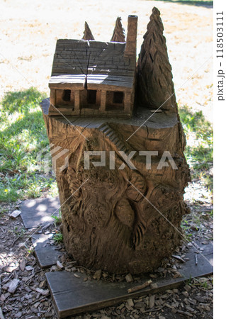 Gnome house statue carved in tree stump at Apple Festival Nebraska City Gnome house statue carved in tree stump at Apple Festival Nebraska City 118503111