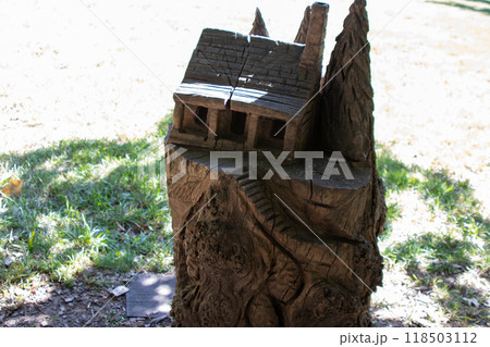 Gnome house statue carved in tree stump at Apple Festival Nebraska City Gnome house statue carved in tree stump at Apple Festival Nebraska City 118503112