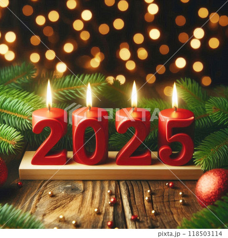 Red numbers in the form of candles "2025" on a wooden Christmas background, surrounded by golden bokeh, minimalism Red numbers in the form of candles "2025" on a wooden Christmas background, surrounded by golden bokeh, minimalism 118503114