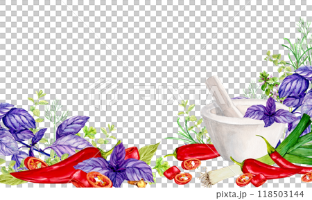 Banner with herbs, white mortar and place for text. Watercolor illustration of kitchen herbs. Bay leaf, rosemary, tarragon, savory, basil, chili pepper, leek, rosemary. Indian spices in rustic style. 118503144