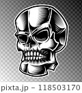 Retro skull in three-quarter view, not symmetrical, it looks obliquely with its eye sockets. Vector drawing is originally stylized as engraving, woodcut and ink hatching for emblem, sticker or mascot 118503170