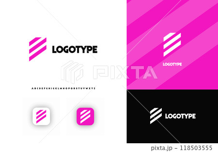Bold diagonal stripes creating geometric shapes letter E logo for technology, finance, banking, cryptocurrency, corporate branding, architecture, construction, real estate. Vector illustration 118503555
