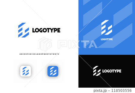 Bold diagonal stripes creating geometric shapes letter G logo for technology, finance, banking, cryptocurrency, corporate branding, architecture, construction, real estate. Vector illustration 118503556