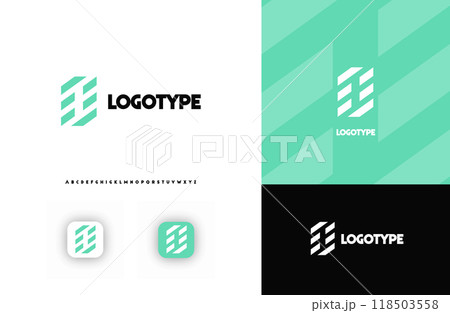 Bold diagonal stripes creating geometric shapes letter D logo for technology, finance, banking, cryptocurrency, corporate branding, architecture, construction, real estate. Vector illustration 118503558