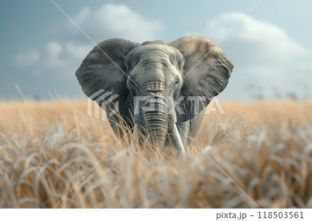 A majestic African elephant with long tusks stands tall in a golden savanna, its wrinkled skin and wise eyes conveying its power and wisdom. Wildlife Animals. 118503561
