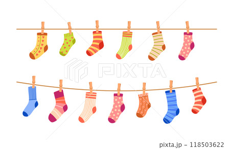 Socks clotheslines set. Cute illustration of baby clothes handing on rope 118503622
