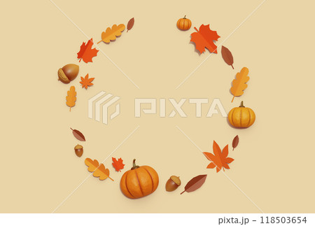 Thanksgiving pumpkins, acorns and fallen leaves circular frame background 3D graphics 118503654