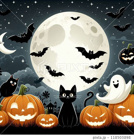 ハロウィーンのかぼちゃとおばけと黒猫と月と満月の夜の風景を撮影 ハロウィーンのかぼちゃとおばけと黒猫と月と満月の夜の風景を撮影 118503898