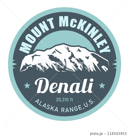 Mount McKinley stamp, Denali peak, Alaska Range emblem with snow covered mountains, vector 118503953